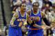 INDIANAPOLIS, IN - MAY 14: J.R. Smith #8 and Amare Stoudemire #1 of the New York Knicks protest a foul called during the game against the Indiana Pacers during Game Four of the Eastern Conference Semifinals of the 2013 NBA Playoffs at Bankers Life Fieldh