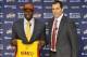Jun 28, 2013; Independence, OH, USA; Cleveland Cavaliers first round pick Anthony Bennett (12) is introduced by general manager Chris Grant during a press conference at Cleveland Clinic Courts. Mandatory Credit: David Richard-USA TODAY Sports