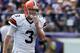 BALTIMORE, MD - SEPTEMBER 15: Quarterback Brandon Weeden #3 of the Cleveland Browns walks off the field during the second half of Browns 14-6 loss to the Baltimore Ravens at M&T Bank Stadium on September 15, 2013 in Baltimore, Maryland. (Photo by Rob Ca