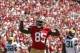 Sep 8, 2013; San Francisco, CA, USA; San Francisco 49ers tight end Vernon Davis (85) celebrates after scoring a touchdown against the Green Bay Packers in the first quarter at Candlestick Park. Mandatory Credit: Cary Edmondson-USA TODAY Sports