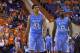 Feb 28, 2013; Clemson, SC, USA; North Carolina Tar Heels forward James Michael McAdoo (43) and guard P.J. Hairston (15) react during the second half against the Clemson Tigers at J.C. Littlejohn Coliseum. Tar Heels won 68-59. Mandatory Credit: Joshua S. K