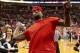 November 29, 2011; Columbus, OH, USA; Miami Heat forward LeBron James throws a shirt into the crowd during a game between the Ohio State Buckeyes and Duke Blue Devils at Value City Arena. Ohio State won the game 85-63. Mandatory Credit: Greg Bartram-USA T