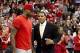 November 29, 2011; Columbus, OH, USA; Miami Heat forward LeBron James and former Ohio State and NBA player Jim Jackson talk before the game between the Ohio State Buckeyes and Duke Blue Devils at Value City Arena. Ohio State won the game 85-63. Mandatory