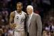 Apr 24, 2013; San Antonio, TX, USA; San Antonio Spurs head coach Gregg Popovich talks with Kawhi Leonard (2) during game two of the first round of the 2013 NBA Playoffs against the Los Angeles Lakers at AT&T Center. The spurs won 102-91. Mandatory Credit: