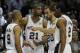 Jun 16, 2013; San Antonio, TX, USA; San Antonio Spurs shooting guard Manu Ginobili (20) talks to Tony Parker (9) as Tim Duncan (21) and Kawhi Leonard (2) listen in against the Miami Heat during the first quarter of game five in the 2013 NBA Finals at the