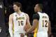 Apr 28, 2013; Los Angeles, CA, USA; Los Angeles Lakers power forward Pau Gasol (16) and center Dwight Howard (12) react on the floor against the San Antonio Spurs in game four of the first round of the 2013 NBA playoffs at the Staples Center. Mandatory Cr