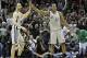 May 14, 2013; San Antonio, TX, USA; San Antonio Spurs shooting guard Manu Ginobili (20) celebrates with small forward Kawhi Leonard (2) against the Golden State Warriors in the fourth quarter in game five of the second round of the 2013 NBA Playoffs at th
