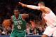 Apr 23, 2013; New York, NY, USA; Boston Celtics power forward Jeff Green (8) drives to the net past New York Knicks center Tyson Chandler (6) during game two in the first round of the 2013 NBA playoffs at Madison Square Garden. Mandatory Credit: Debby Won