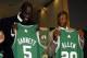 BOSTON - JULY 31: (L-R) Boston Celtics Paul Pierce, Kevin Garnett and Ray Allen hold their jerseys at their press conference on July 31, 2007 at the TD Banknorth Garden in Boston, Massachusetts. NOTE TO USER: User expressly acknowledges and agrees that,