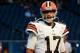 Aug 29, 2013; Chicago, IL, USA; Cleveland Browns quarterback Jason Campbell (17) practices before the game against the Chicago Bears at Soldier Field. Mandatory Credit: Mike DiNovo-USA TODAY Sports