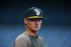 ANAHEIM, CA - SEPTEMBER 24: Josh Donaldson #20 of the Oakland Athletics looks on prior to the start of the game against the Los Angeles Angels of Anaheim at Angel Stadium of Anaheim on September 24, 2013 in Anaheim, California. (Photo by Jeff Gross/Gett