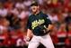 ANAHEIM, CA - SEPTEMBER 10: Closer Grant Balfour # 50 of the Oakland Athletics reacts after getting the final out and the save against the Los Angeles Angels of Anaheim at Angel Stadium of Anaheim on September 10, 2012 in Anaheim, California. Oakland won