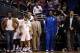 Apr 15, 2013; Orlando, FL, USA; (From left to right) Orlando Magic player Glen Davis, and DeQuan Jones, and Beno Udrih, and Nikola Vucevic, and Jameer Nelson, and Arron Afflalo, and Al Harrington and Hedo Turkoglu react after losing the home finale to the