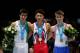 ANTWERPEN, BELGIUM - OCTOBER 05: (L-R) Daniel Corral Barron (silver medal) of Mexico, Kohei Kameyama (gold medal) of Japan and Max Whitlock (silver medal) of Great Britain pose after the Pommel Horse Final on Day Six of the Artistic Gymnastics World Cha