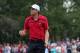 Oct 5, 2013; Dublin, OH, USA; Keegan Bradley reacts to his putt on the 6th green during the third round of the Presidents Cup at Muirfield Village Golf Club. Mandatory Credit: Allan Henry-USA TODAY Sports