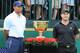 DUBLIN, OH - OCTOBER 06: Tiger Woods of the U.S. Team (L) poses with Richard Sterne of South Africa and the International Team on the first tee during the Day Four Singles Matches at the Muirfield Village Golf Club on October 6, 2013 in Dublin, Ohio. (