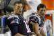 Aug 16, 2013; Foxborough, MA, USA; New England Patriots quarterback Tom Brady (12) and Danny Amendola (80) watch the game on the stadium scoreboard during the second quarter against the Tampa Bay Buccaneers at Gillette Stadium. Mandatory Credit: Stew Miln