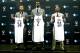 Jul 18, 2013; Brooklyn, NY, USA; From left Paul Pierce , Kevin Garnett and Jason Terry during a press conference to introduce the newest members of the Brooklyn Nets at Barclays Center. Mandatory Credit: Debby Wong-USA TODAY Sports