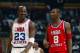 ATLANTA - FEBRUARY 9: Michael Jordan (Washington Wizards) #23 of the Eastern Conference All-Stars talks with Kobe Bryant (Los Angeles Lakers) #8 of the Western Conference All-Stars at the 2003 NBA All-Star Game on February 9, 2003 at Philips Arena in Atl