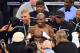 Jun. 9, 2012; Las Vegas, NV, USA; Timothy Bradley Jr celebrates after defeating Manny Pacquiao (not pictured) in a judges decision following a welterweight championship bout at the MGM Grand Garden Arena. Mandatory Credit: Mark J. Rebilas-USA TODAY Sports