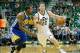 Oct 8, 2013; Salt Lake City, UT, USA; Utah Jazz guard Gordon Hayward (20) dribbles up the court while defended by Golden State Warriors shooting guard Andre Iguodala (9) during the second half at EnergySolutions Arena. The Jazz won 101-78. Mandatory Credi