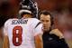 SAN FRANCISCO, CA - OCTOBER 06: Head coach Gary Kubiak of the Houston Texans talks to Matt Schaub #8 on the sideline after Schaub threw his third interception during their game against the San Francisco 49ers at Candlestick Park on October 6, 2013 in San