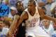 Jun 14 2012; Oklahoma City, OK, USA; Oklahoma City Thunder small forward Kevin Durant (35) post up against Miami Heat shooting guard Dwyane Wade (3) during the first quarter of game two in the 2012 NBA Finals at the Chesapeake Energy Arena. Mandatory Cre