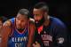 May 18, 2012; Los Angeles, CA, USA; Oklahoma City Thunder small forward Kevin Durant (35) speaks with guard James Harden (13) against the Los Angeles Lakers during the first half of game three of the Western Conference semifinals of the 2012 NBA Playoffs