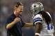 Oct 13, 2013; Arlington, TX, USA; Dallas Cowboys head coach Jason Garrett congratulates wide receiver Dwayne Harris (17) after he returned a punt for a touchdown in the second quarter Washington Redskins at AT&T Stadium. Mandatory Credit: Tim Heitman-USA