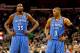 November 16, 2012; New Orleans, LA, USA; Oklahoma City Thunder small forward Kevin Durant (35) and point guard Russell Westbrook (0) against the New Orleans Hornets during the second half of a game at the New Orleans Arena. The Thunder defeated the Hornet