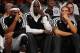 Oct 12, 2013; Brooklyn, NY, USA; From left Brooklyn Nets small forward Paul Pierce and Brooklyn Nets power forward Kevin Garnett and Brooklyn Nets point guard Deron Williams look on against the Detroit Pistons during the second half of the preseason game