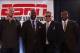 Jan 31, 2013; New Orleans, LA, USA; From left Trent Dilfer , Jerry Rice , Mike Ditka and Cris Carter pose for a photo during the ESPN analysts press conference at the New Orleans Convention Center in preparation for Super Bowl XLVI to be played between th