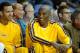 Oct 8, 2013; Ontario, CA, USA; Los Angeles Lakers guard Kobe Bryant (center) and Jordan Farmar react during the game against the Denver Nuggets at Citizens Business Bank Arena. Mandatory Credit: Kirby Lee-USA TODAY Sports