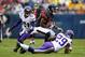 Sep 15, 2013; Chicago, IL, USA; Chicago Bears wide receiver Brandon Marshall (15) catches a pass between Minnesota Vikings cornerback Xavier Rhodes (29) and cornerback Josh Robinson (21) during the second quarter at Soldier Field. Mandatory Credit: Jerry