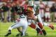 Oct 7, 2013; Atlanta, GA, USA; Atlanta Falcons tight end Tony Gonzalez (88) is tackled after a catch by New York Jets safety Dawan Landry (26) and linebacker David Harris (52) in the second half at the Georgia Dome. The Jets won 30-28. Mandatory Credit: D