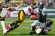 Oct 13, 2013; East Rutherford, NJ, USA; New York Jets running back Bilal Powell (29) is tackled by Pittsburgh Steelers cornerback Ike Taylor (24) and safety Ryan Clark (25) during the first half at MetLife Stadium. Mandatory Credit: Ed Mulholland-USA TODA