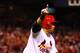 ST LOUIS, MO - OCTOBER 11: Carlos Beltran #3 of the St. Louis Cardinals celebrates hitting the game winning run in the 13th inning against the Los Angeles Dodgers during Game One of the National League Championship Series at Busch Stadium on October 11,