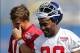 Jun 11, 2013; East Rutherford, NJ, USA; New York Giants quarterback Eli Manning (10) and wide receiver Hakeem Nicks (88) react during minicamp the Giants Timex Performance Center. Mandatory Credit: Jim O'Connor-USA TODAY Sports