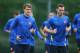 ST ALBANS, ENGLAND - SEPTEMBER 30: Aaron Ramsey and Thomas Vermaelen of Arsenal warm up during an Arsenal training session ahead of their Champions League Group F match against Napoli at London Colney on September 30, 2013 in St Albans, England. (Photo