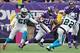 Oct 13, 2013; Minneapolis, MN, USA; Minnesota Vikings running back Adrian Peterson (28) carries the ball during the second quarter against the Carolina Panthers at Mall of America Field at H.H.H. Metrodome. Mandatory Credit: Brace Hemmelgarn-USA TODAY Spo
