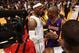 MIAMI, FL - FEBRUARY 10: LeBron James #6 of the Miami Heat and Kobe Bryant #24 of the Los Angeles Lakers share a word after a game between the Los Angeles Lakers and the Miami Heat on February 10, 2013 at American Airlines Arena in Miami, Florida. NOTE T