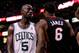 June 3, 2012; Boston, MA, USA; Boston Celtics power forward Kevin Garnett (5) and Miami Heat small forward LeBron James (6) on the court during the first half in game four of the Eastern Conference finals of the 2012 NBA playoffs at TD Garden. Mandatory C