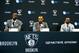 Jul 18, 2013; Brooklyn, NY, USA; From left Kevin Garnett , Paul Pierce and Jason Terry during a press conference to introduce them as the newest members of the Brooklyn Nets at Barclays Center. Mandatory Credit: Debby Wong-USA TODAY Sports