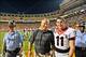 Oct 5, 2013; Knoxville, TN, USA; Georgia Bulldogs head coach Mark Richt walks off the field with Georgia quarterback Aaron Murray (11) after defeating the Tennessee Volunteers 34-31during overtime at Neyland Stadium. Mandatory Credit: Jim Brown-USA TODAY
