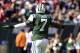 Oct 20, 2013; East Rutherford, NJ, USA; New York Jets quarterback Geno Smith (7) reacts after an interception during the first quarter against the New England Patriots at MetLife Stadium. Mandatory Credit: William Perlman/THE STAR-LEDGER via USA TODAY Spo