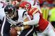 Oct 20, 2013; Kansas City, MO, USA; Houston Texans quarterback Case Keenum (7) is sacked by Kansas City Chiefs outside linebacker Tamba Hali (91) during the second half at Arrowhead Stadium. The Chiefs won 17-16. Mandatory Credit: Denny Medley-USA TODAY S