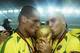 YOKOHAMA - JUNE 30: Rivaldo and Ronaldo of Brazil kiss the trophy after the Germany v Brazil, World Cup Final match played at the International Stadium Yokohama in Yokohama, Japan on June 30, 2002. Brazil won 2-0. (Photo by Alex Livesey/Getty Images)