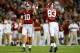 TUSCALOOSA, AL - OCTOBER 19: AJ McCarron #10 and Kevin Norwood #83 of the Alabama Crimson Tide celebrate a touchdown by T.J. Yeldon #4 against the Arkansas Razorbacks at Bryant-Denny Stadium on October 19, 2013 in Tuscaloosa, Alabama. (Photo by Kevin C.