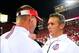 Sep 28, 2013; Columbus, OH, USA; Wisconsin Badgers head coach Gary Andersen (left) talks with Urban Meyer after the Ohio State Buckeyes defatted the Wisconsin Badgers 31-24 at Ohio Stadium. Mandatory Credit: Andrew Weber-USA TODAY Sports