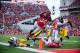 Oct 19, 2013; Columbus, OH, USA; Ohio State Buckeyes running back Carlos Hyde (34) dives into the end zone for a touchdown during the fourth quarter against the Iowa Hawkeyes at Ohio Stadium. Mandatory Credit: Andrew Weber-USA TODAY Sports